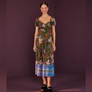 Farm Rio Green Wild Jungle Corset Midi Dress. Size XL. EUC!